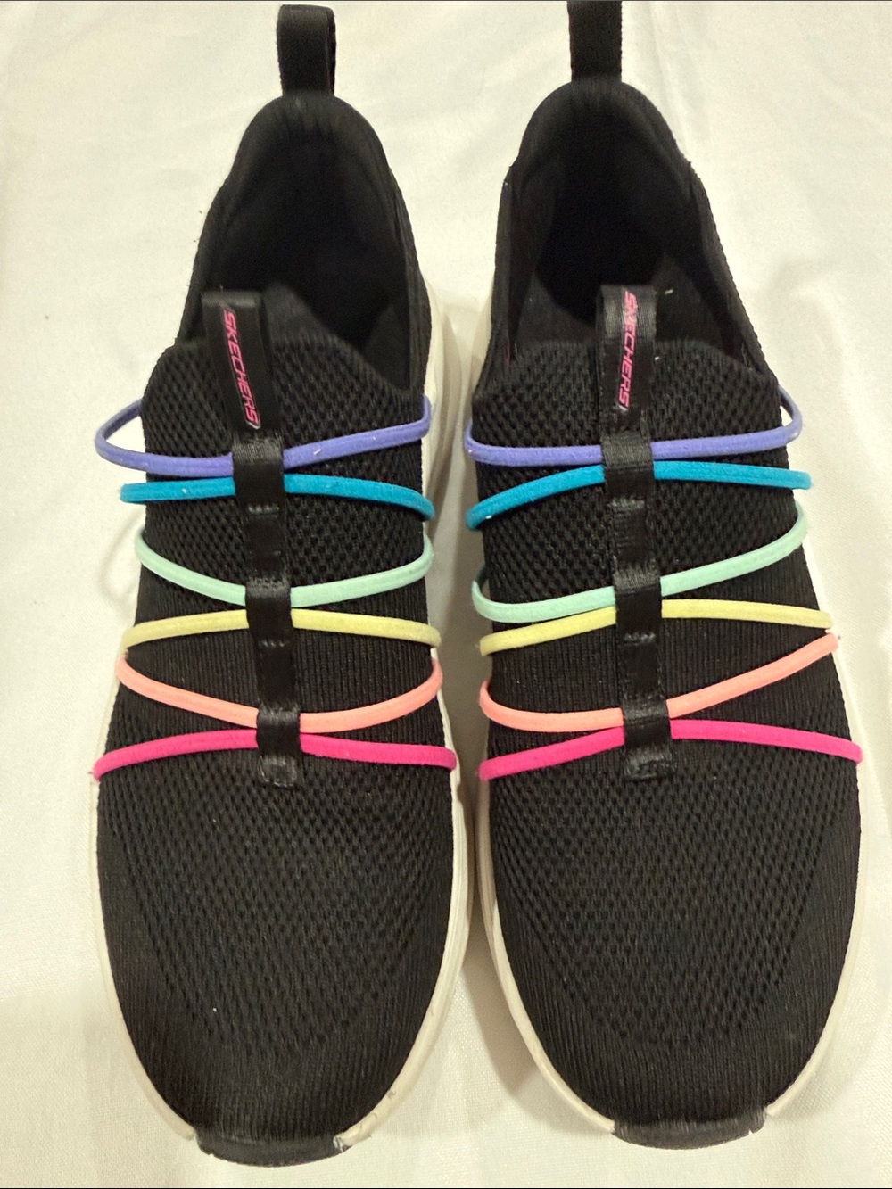 Skechers Women’s Black Slip-On Athletic Sneakers with Rainbow Elastic Bands